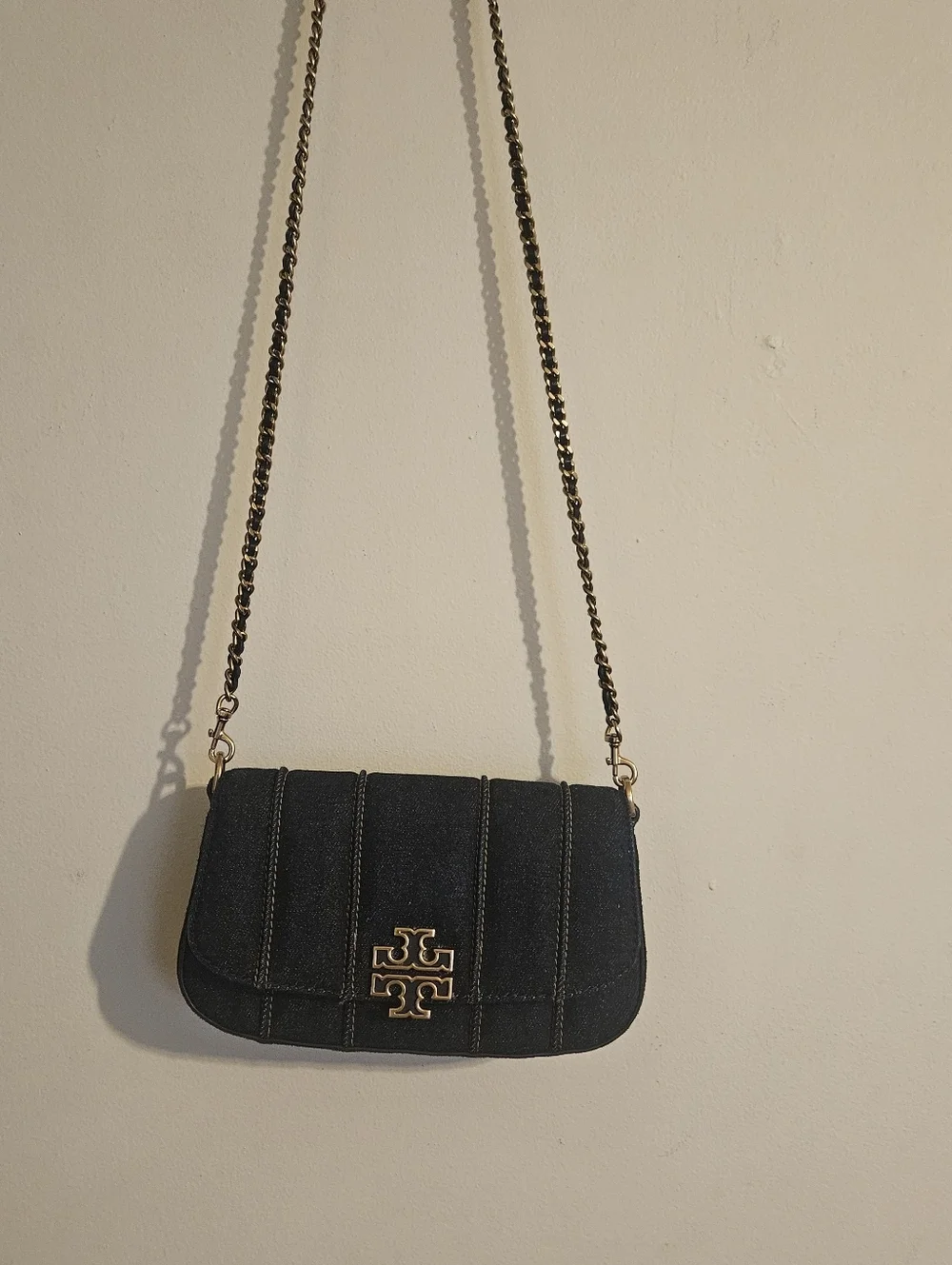 Tory Burch Britten Blue Denim Crossbody & Clutch Bag with Gold Hardware Elegant